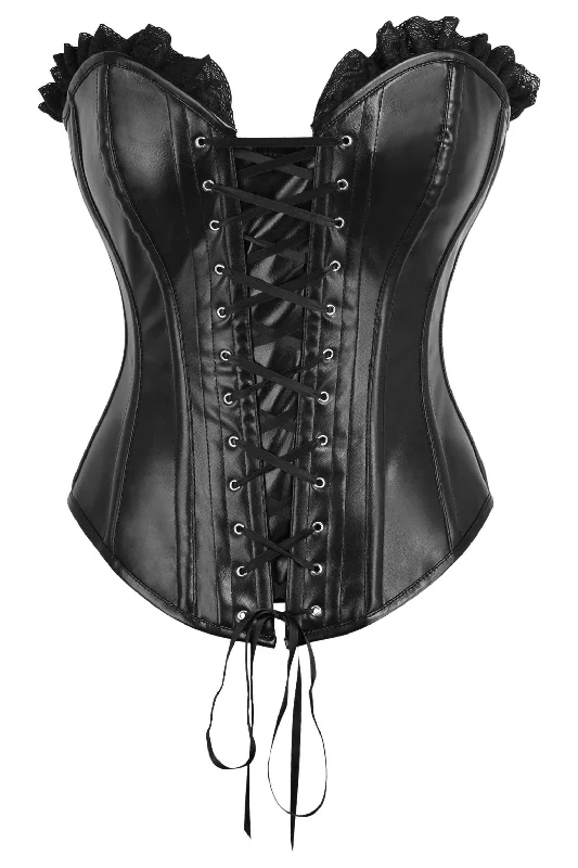 sexy teddy lingerie for special occasions-Top Drawer Black Faux Leather & Black Lace Trim Lace-Up Steel Boned Corset