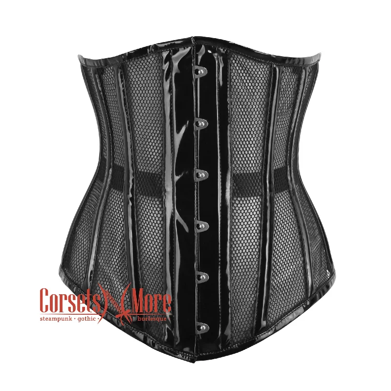 corset for evening twists-Plus Size Black PVC Strip Black Net Waist Cincher Bustier Underbust Sheer Corset