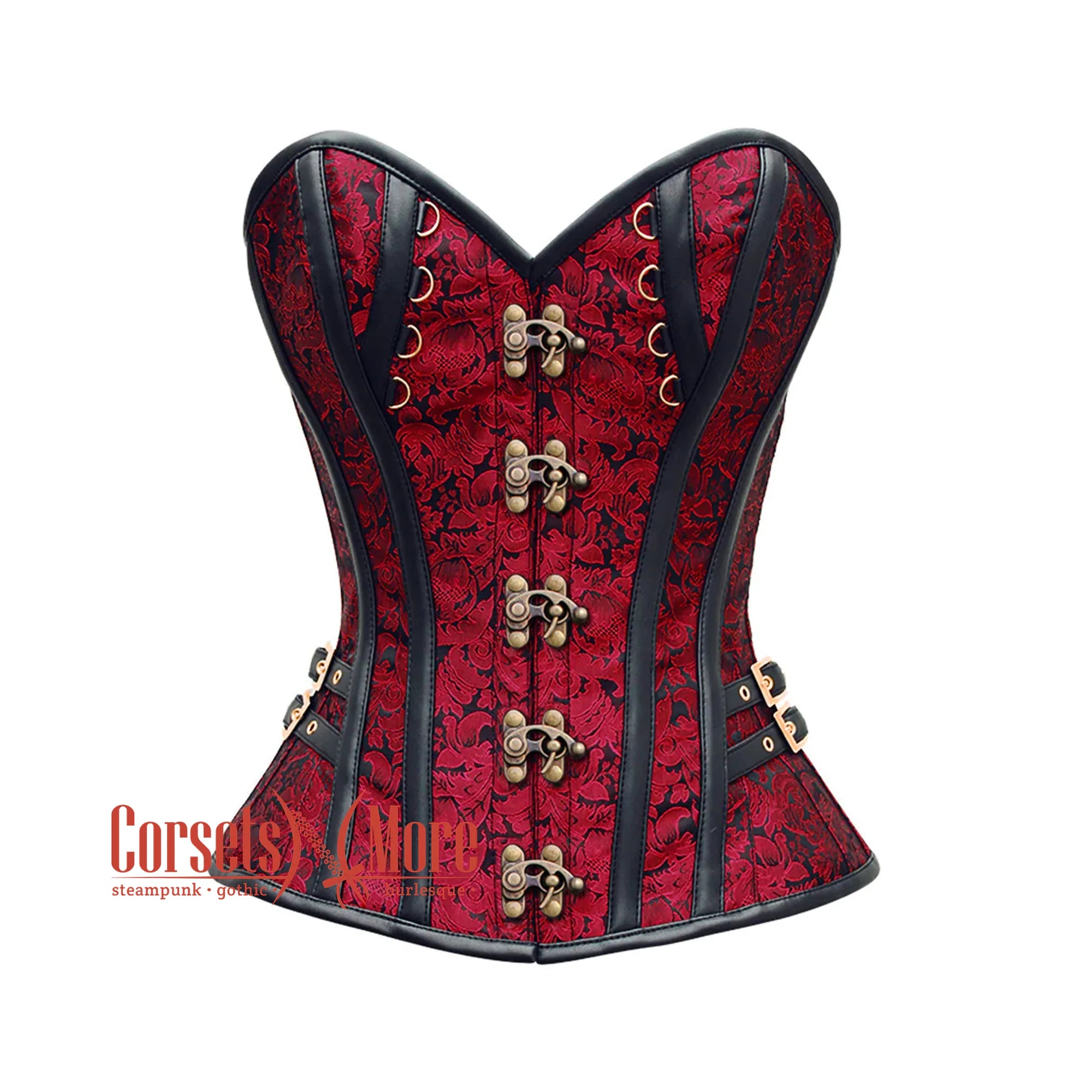 corset with lace-up gathers-Plus Size Red And Black Brocade Antique Clasps Steampunk Costume Gothic Corset Overbust Top