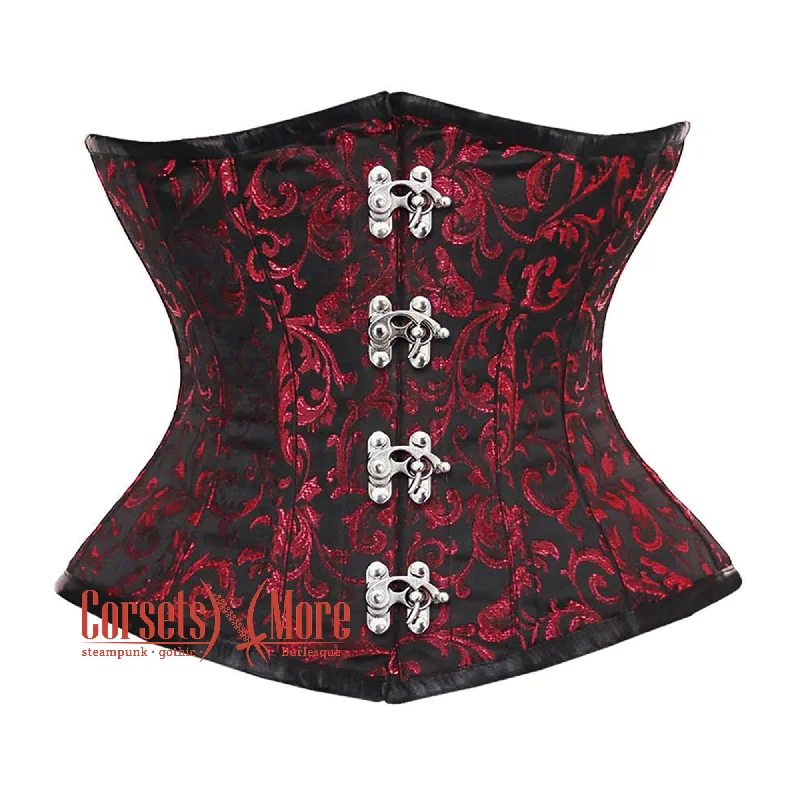 corset with halter folds-Plus Size Red And Black Brocade Front Clasps Waist Training Steampunk Costume Underbust Corset