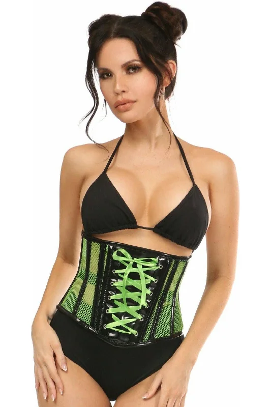 lace nightwear for seductive nights-Top Drawer Neon Green Patent & Fishnet Underbust Corset