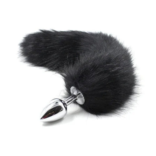 Quick-Use Masturbator Option-Black Faux Fur Tail with Metal Butt Plug - Large