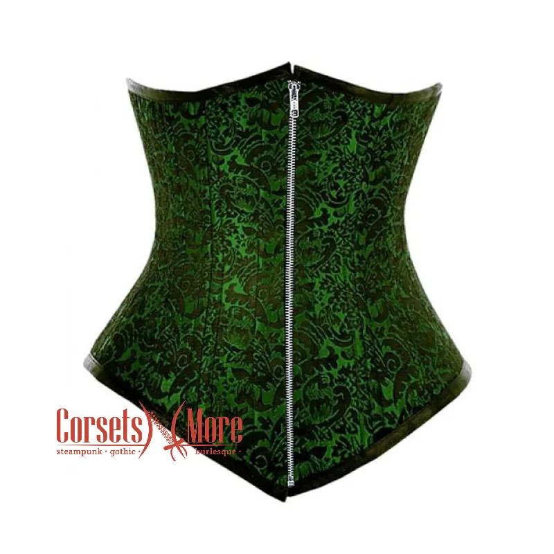 corset with layered gathers-Plus Size Green And Black Brocade Double Boned Front Zipper Waist Training Underbust Gothic Corset Bustier Top