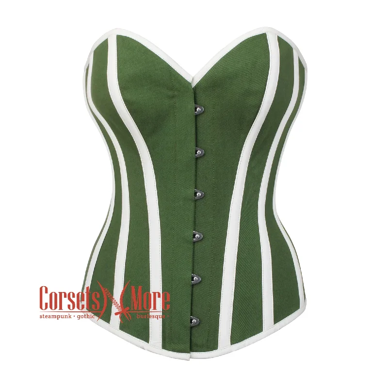 corset for burlesque swirls-Plus Size Olive Green Cotton With White Stripes Burlesque Gothic Overbust Corset Bustier Top