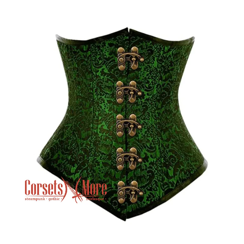 corset with draped gathers-Plus Size Green And Black Brocade Double Boned Antique Clasps Waist Training Underbust Gothic Corset Bustier Top