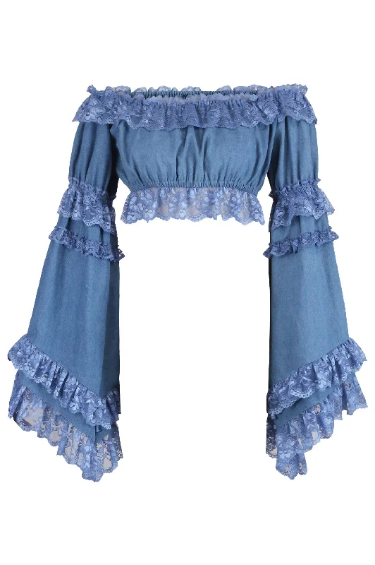 lace babydoll lingerie-Blue Denim Smocked Flare Sleeve Peasant Top