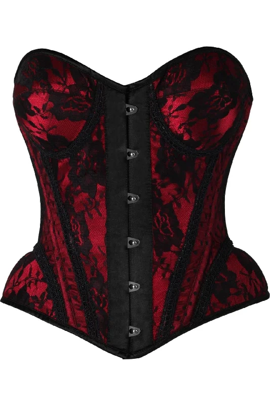 seductive lingerie with lace detail-Top Drawer Red w/Black Lace Steel Boned Underwire Bustier Corset