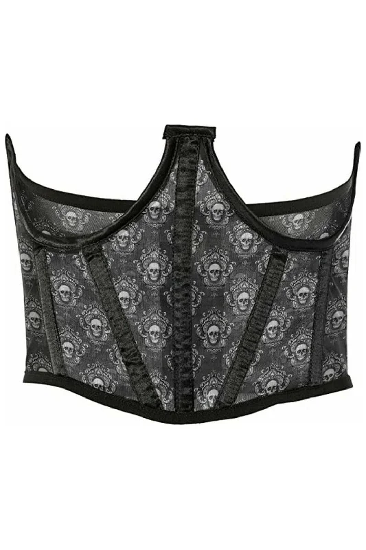 sexy satin corset with garter belt-Lavish Black & White Skull Mesh Open Cup Waist Cincher