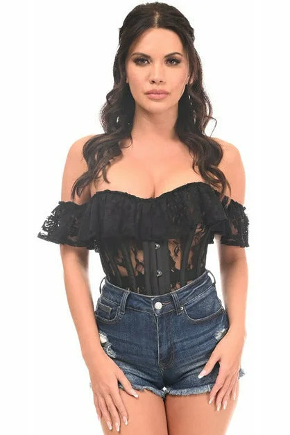 romantic lingerie with open-back lace-Black Sheer Lace Steel Boned Corset