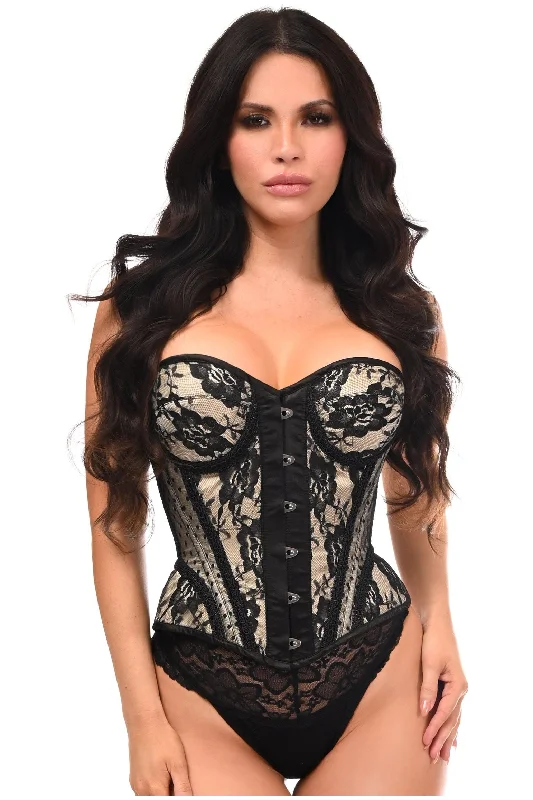 lace chemise lingerie-Top Drawer Nude w/Black Lace Steel Boned Underwire Bustier Corset