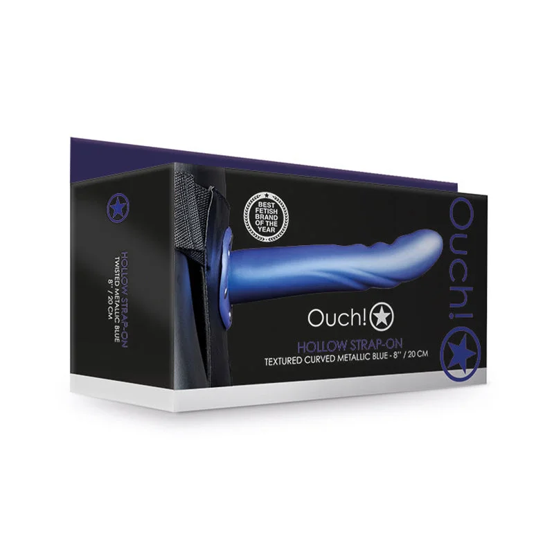 vibrating dildo with adjustable angle for deeper penetration-Ouch! Textured Curved 8 in. Hollow Strap-On Metallic Blue