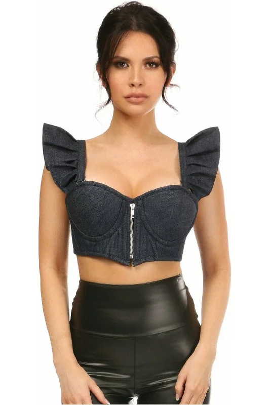 romantic lingerie with straps-Lavish Blue Denim Underwire Bustier Top w/Removable Ruffle Sleeves