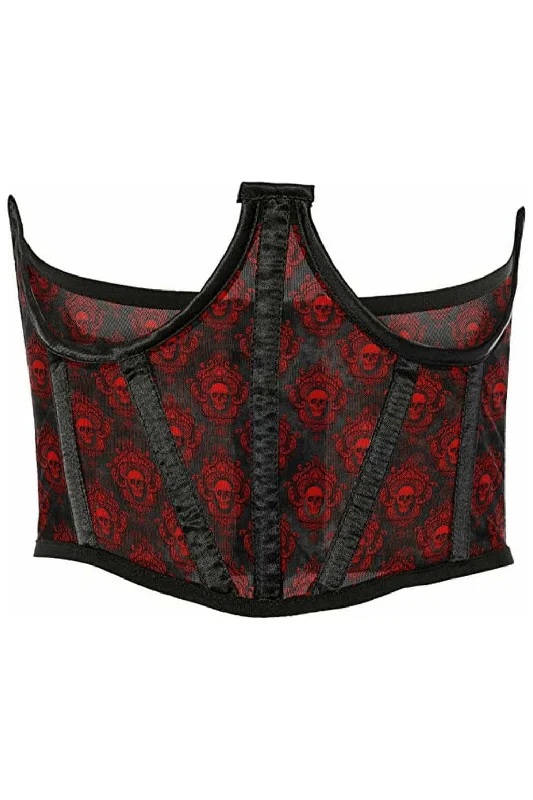 lace lingerie with floral patterns-Lavish Black & Red Skull Mesh Open Cup Waist Cincher