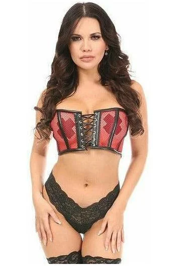 seductive lingerie for special events-Lavish Red Fishnet & Faux Leather Lace-Up Short Bustier Top