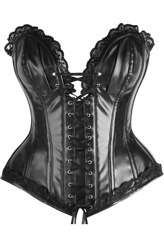 luxurious satin lingerie with lace accents-Top Drawer Black Faux Leather & Lace Trim Steel Boned Corset