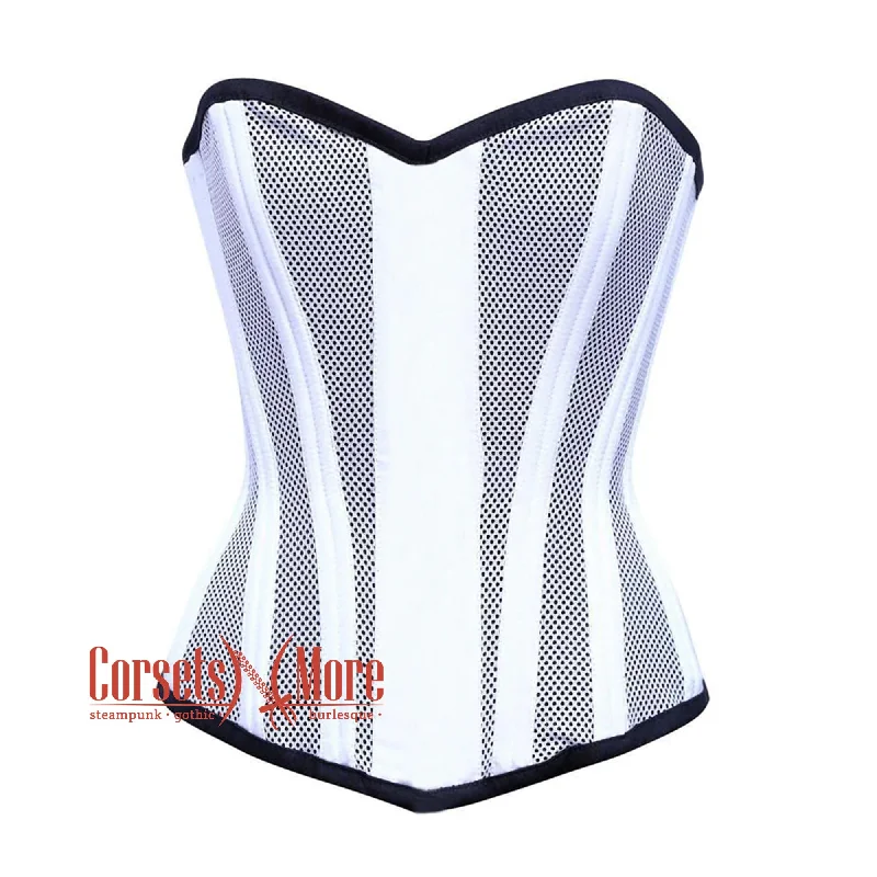 corset for fashion levels-Plus Size White Satin With Mesh Burlesque Gothic Overbust Corset Bustier Top