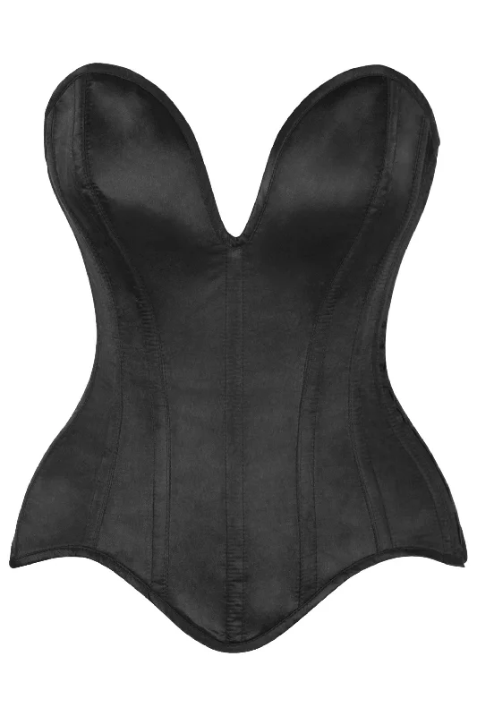 sexy lingerie with satin ribbon ties-Top Drawer Steel Boned Black Satin Plunge Neckline Overbust Corset