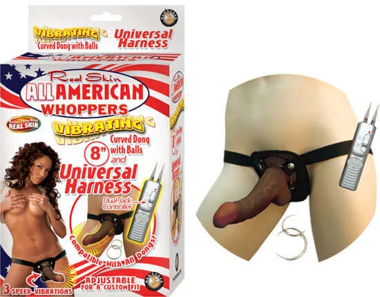 Flexible Masturbator Case-Afro All American Whoppers Vibrating 8 inches Dong with Universal Harness Brown