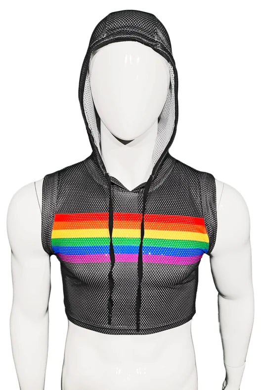 sexy lingerie with lace waistband-Rainbow Chest Stripe Hooded Sports Mesh Crop Tank - Black