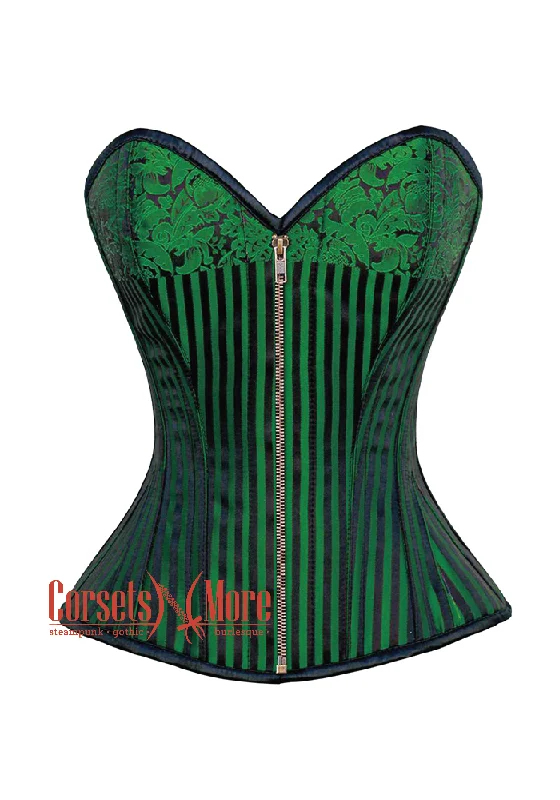 corset for body cascades-Plus Size Green And Black Brocade Antique Zipper Steampunk Overbust Costume Corset