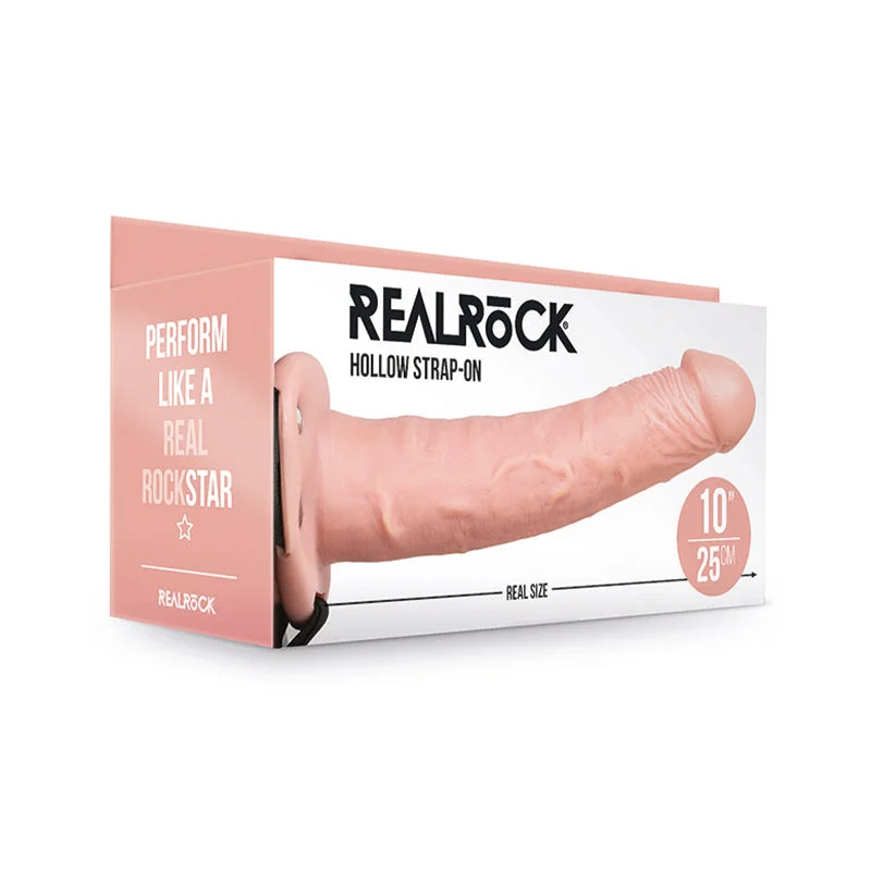 rechargeable vibrating anal toy for couples-RealRock Realistic 10 in. Hollow Strap-On Beige