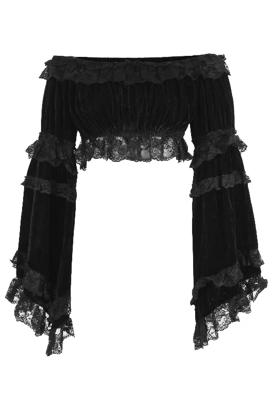 seductive black lace lingerie-Black Velvet Smocked Flare Sleeve Peasant Top