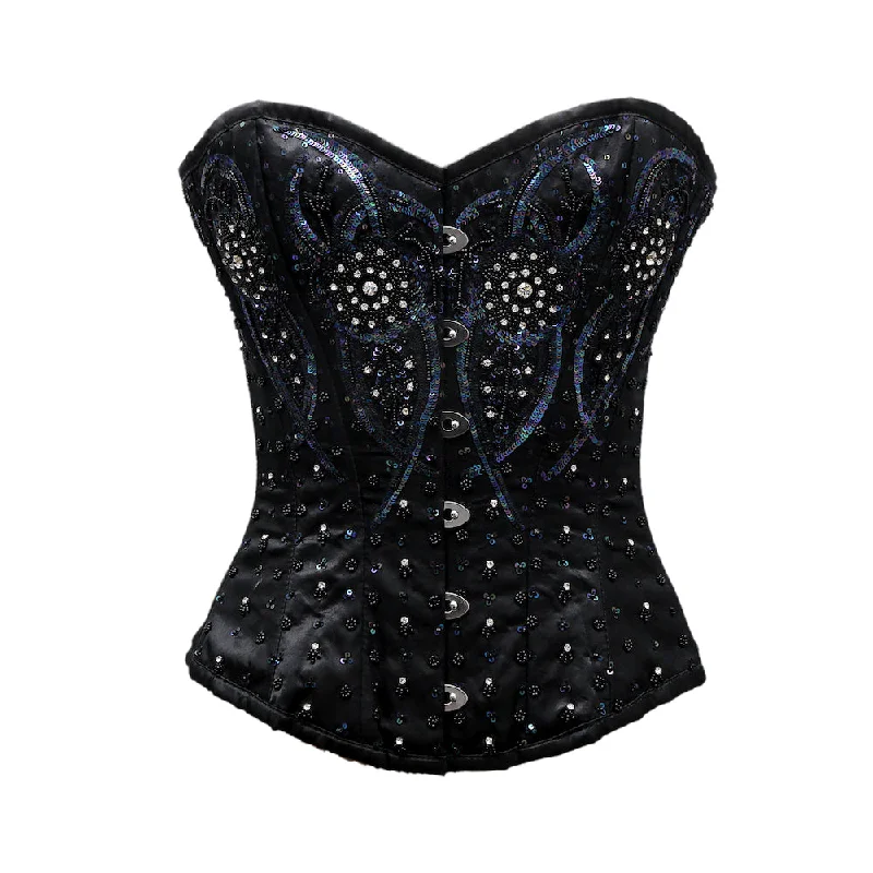 corset with sheer drapes-VanDerveer Black Satin Satin Embroidery Overbust Corset