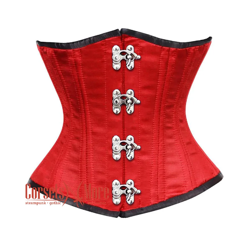 corset with leather levels-Plus Size Red Satin Double Bone Front Clasps Gothic Waist Training Underbust Corset Bustier Top