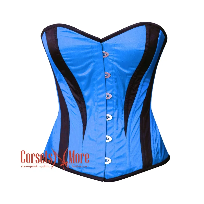 corset with ruffled cascades-Plus Size Blue and Black Satin Burlesque Costume Overbust Corset Top