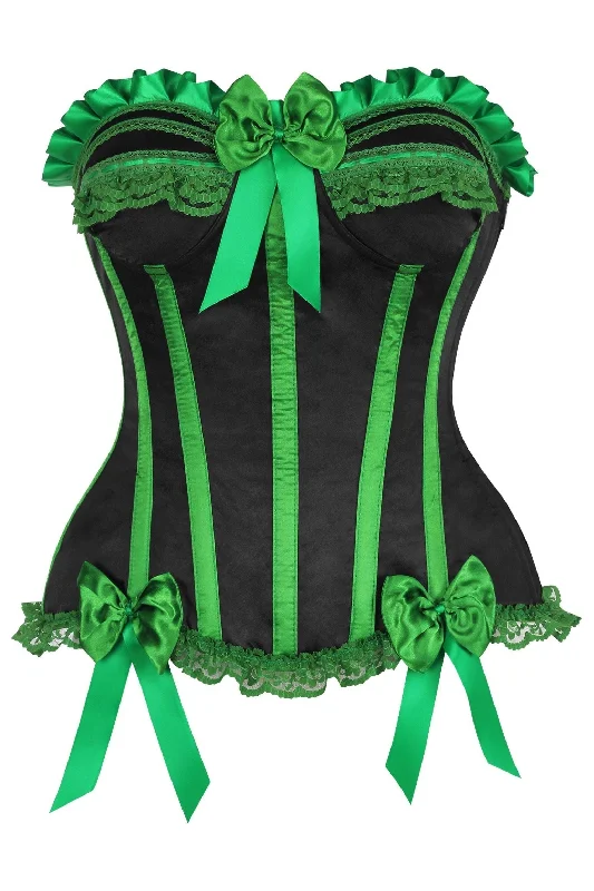 lace teddies lingerie-Top Drawer Black/Green Satin Steel Boned Burlesque Corset