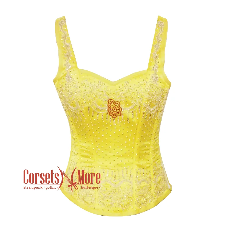 corset for bridal swirls-Plus Size Yellow Satin With Sequins Work Burlesque Corset With Shoulder Strap