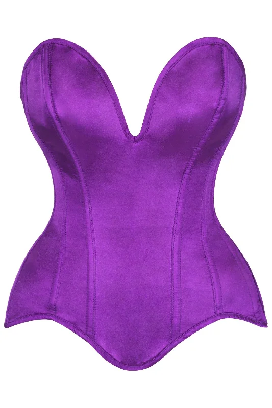 seductive lingerie for intimate evenings-Top Drawer Steel Boned Purple Satin Plunge Neckline Overbust Corset