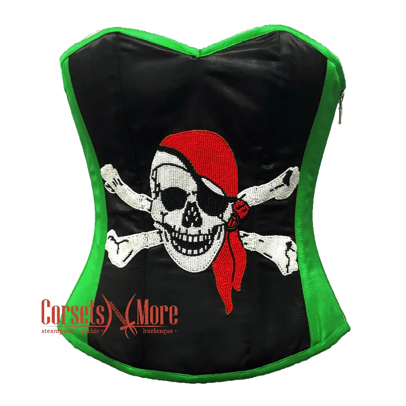 corset with plunging levels-Plus Size Green and Black Satin Pirate Sequins Steampunk Waist Cincher Overbust Top