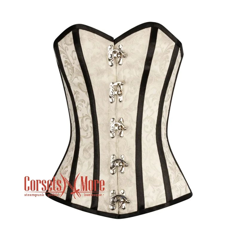 corset with scalloped folds-Plus Size Ivory Brocade With Black Stripes Burlesque Gothic Overbust Corset Bustier Top