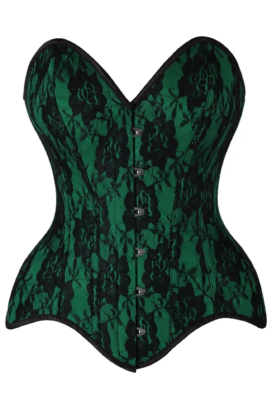 sexy lingerie for special celebrations-Top Drawer Green Satin w/Black Lace Overlay Steel Boned Overbust Corset