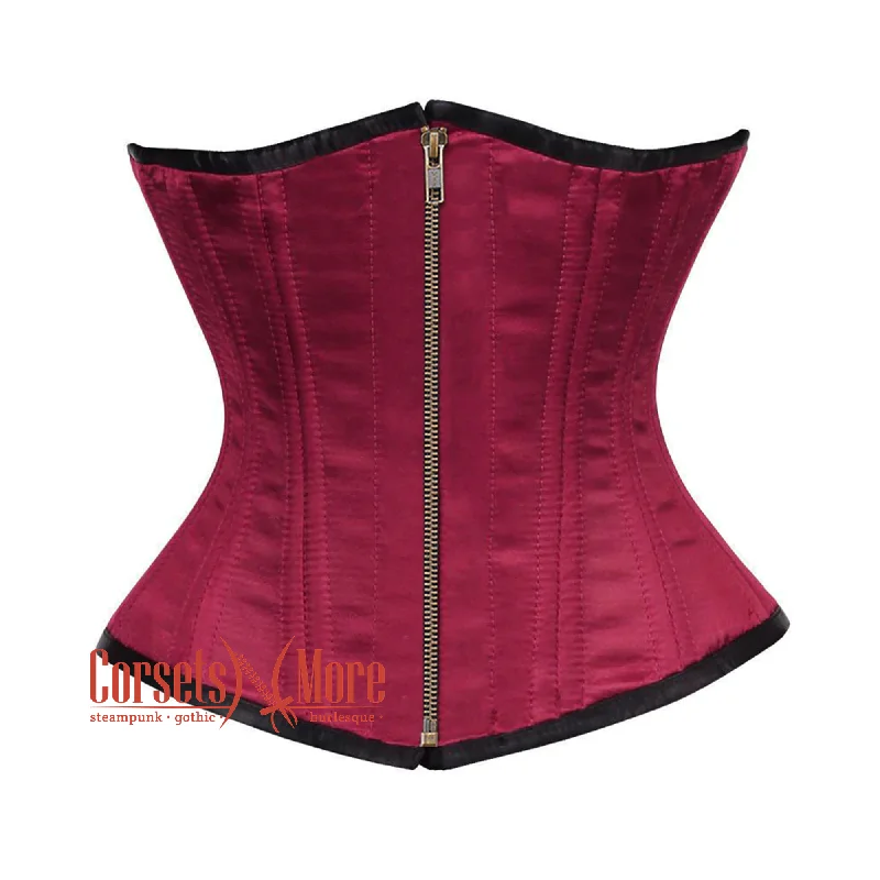 corset with leather flows-Plus Size Maroon Satin Double Bone Front Antique Zipper Gothic Waist Training Underbust Corset Bustier Top