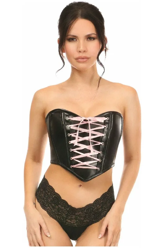 romantic satin lingerie for women-Lavish Black Faux Leather w/Pink Lace-Up Bustier