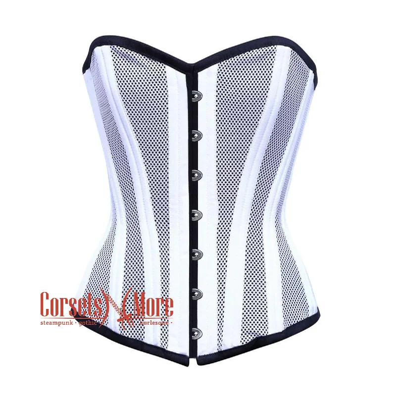 corset with velvet levels-Plus Size White Satin With Mesh Burlesque Gothic Overbust Corset Bustier Top