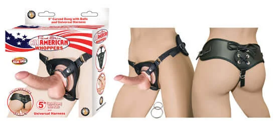 Compact Masturbator Sleeve-All American Whoppers 5 Inch Curved Dong with Balls Beige and Universal Harness - Realistic