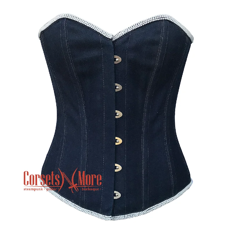 corset for steampunk swirls-Plus Size Blue Denim White Perl Piping Burlesque Gothic Overbust Corset Top