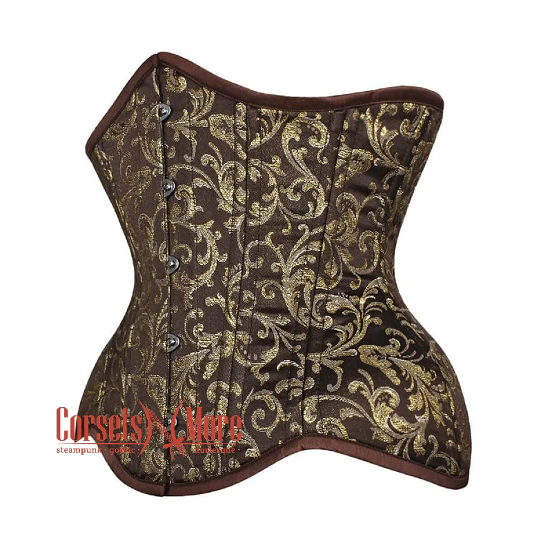 corset with pearl folds-Plus Size Brown And Golden Brocade Double Bone Steampunk Gothic Waist Training Underbust Corset