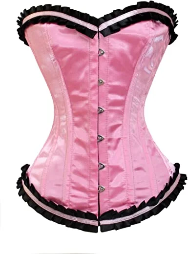 corset for historical cascades-Rosanna Pink Satin Overbust Corset With Frill