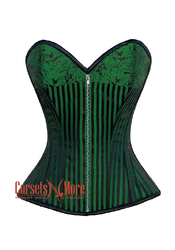 corset with floral flows-Plus Size Green And Black Brocade Silver Zipper Steampunk Overbust Costume Corset