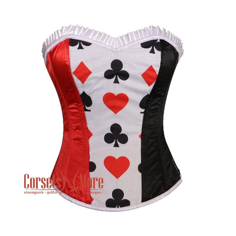 corset for evening folds-Plus Size Red Black Satin With White Frill Overbust Christmas Corset Bustier Top