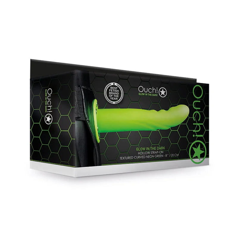 high-quality vibrator with different speed functions-Ouch! Glow in the Dark Textured Curved 8 in. Hollow Strap-On Neon Green