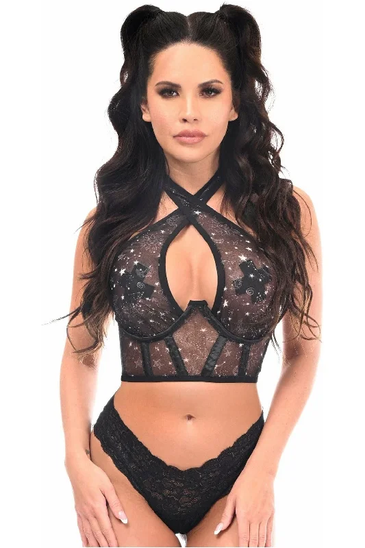 romantic lingerie with silk details-Lavish Celestial Print Mesh Underwire Cincher w/Built In Halter Top