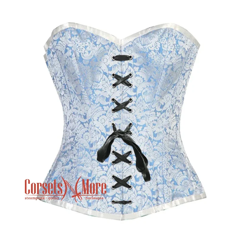 corset with layered drops-Plus Size Blue And White Brocade Burlesque Gothic Overbust Corset Bustier Top