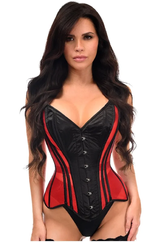 sexy lingerie with straps-Top Drawer Red Mesh & Black Satin Steel Boned Overbust Corset