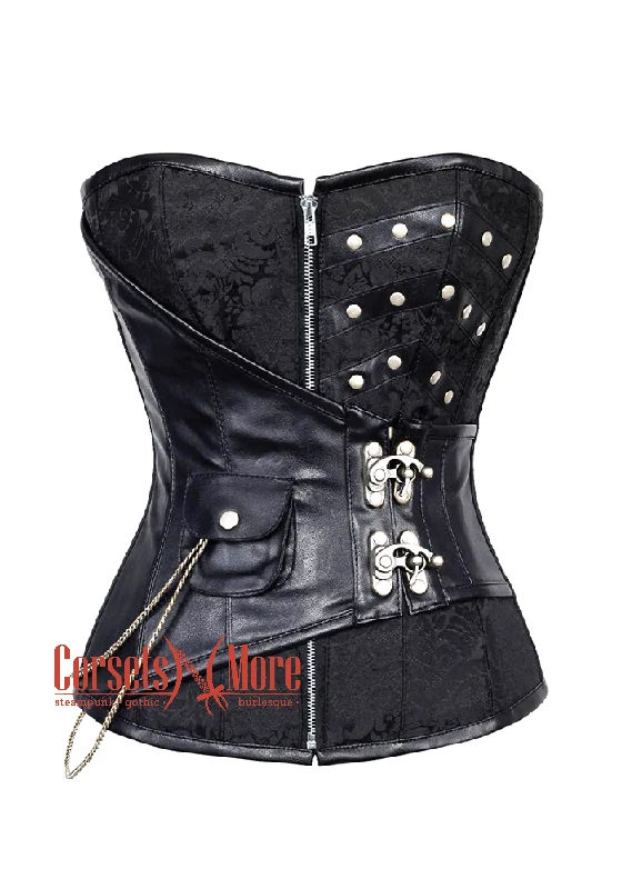 corset with floral drapes-Plus Size Black Brocade Leather With Silver Zipper Steampunk Overbust Costume Corset