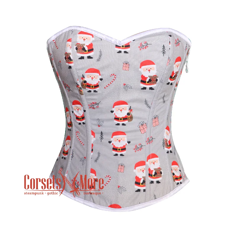 corset for retro folds-Plus Size Santa Claus Printed Gray Cotton Overbust Corset Burlesque Christmas Costume